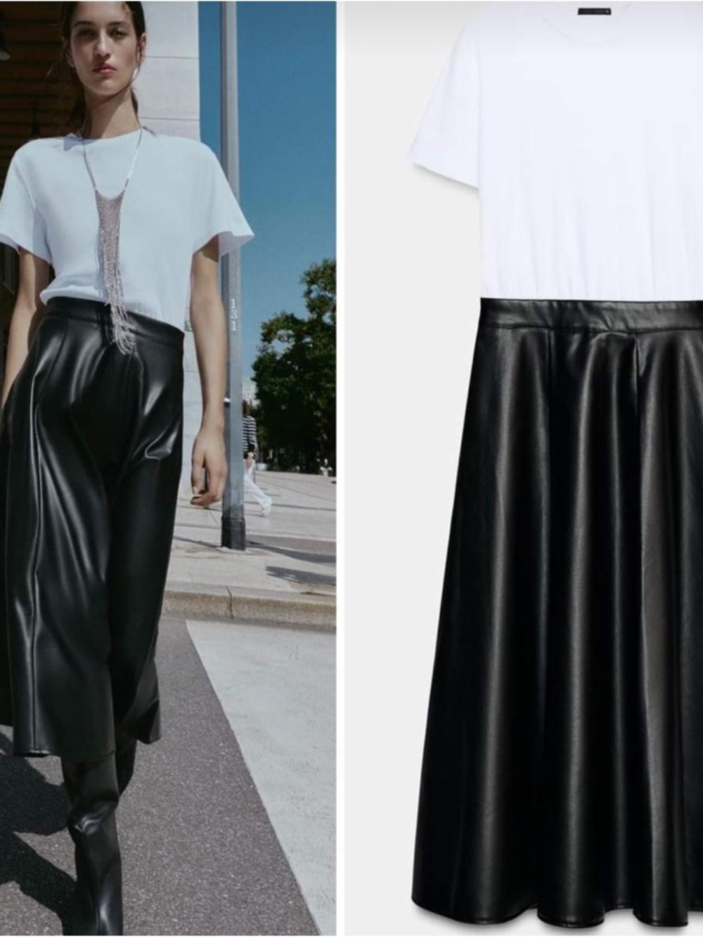 Zara Black Faux-Leather Midi Skirt Black/White 5029/203/084